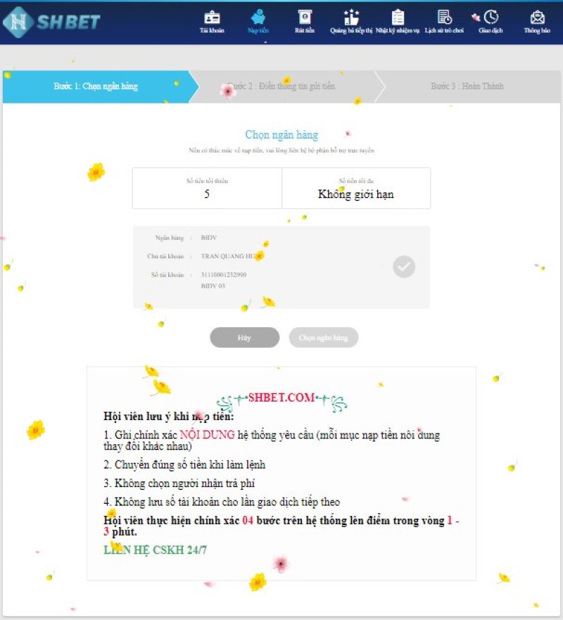 Dùng ngân hàng điện tử nạp tiền SHBET