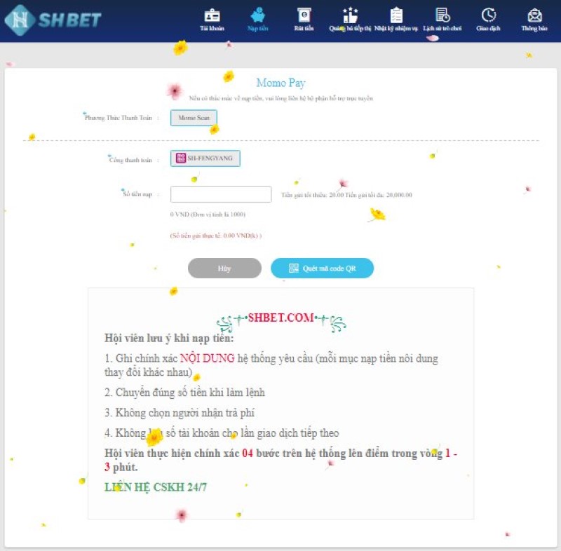 Quét mã momo nạp tiền SHBET